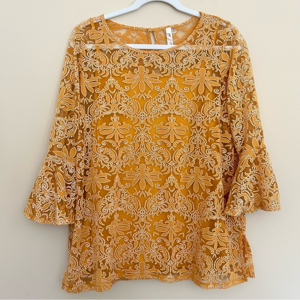 NY Collection Women’s Marigold Lace Floral Jacquard Bell-Sleeve Blouse 1X